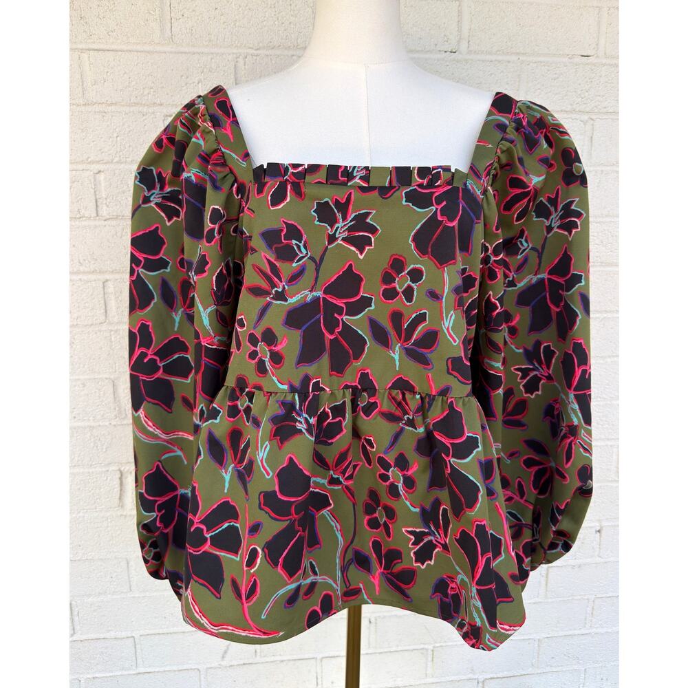 Crosby by Mollie Burch Olive Floral Puff Sleeve Square Neck Top Size Large